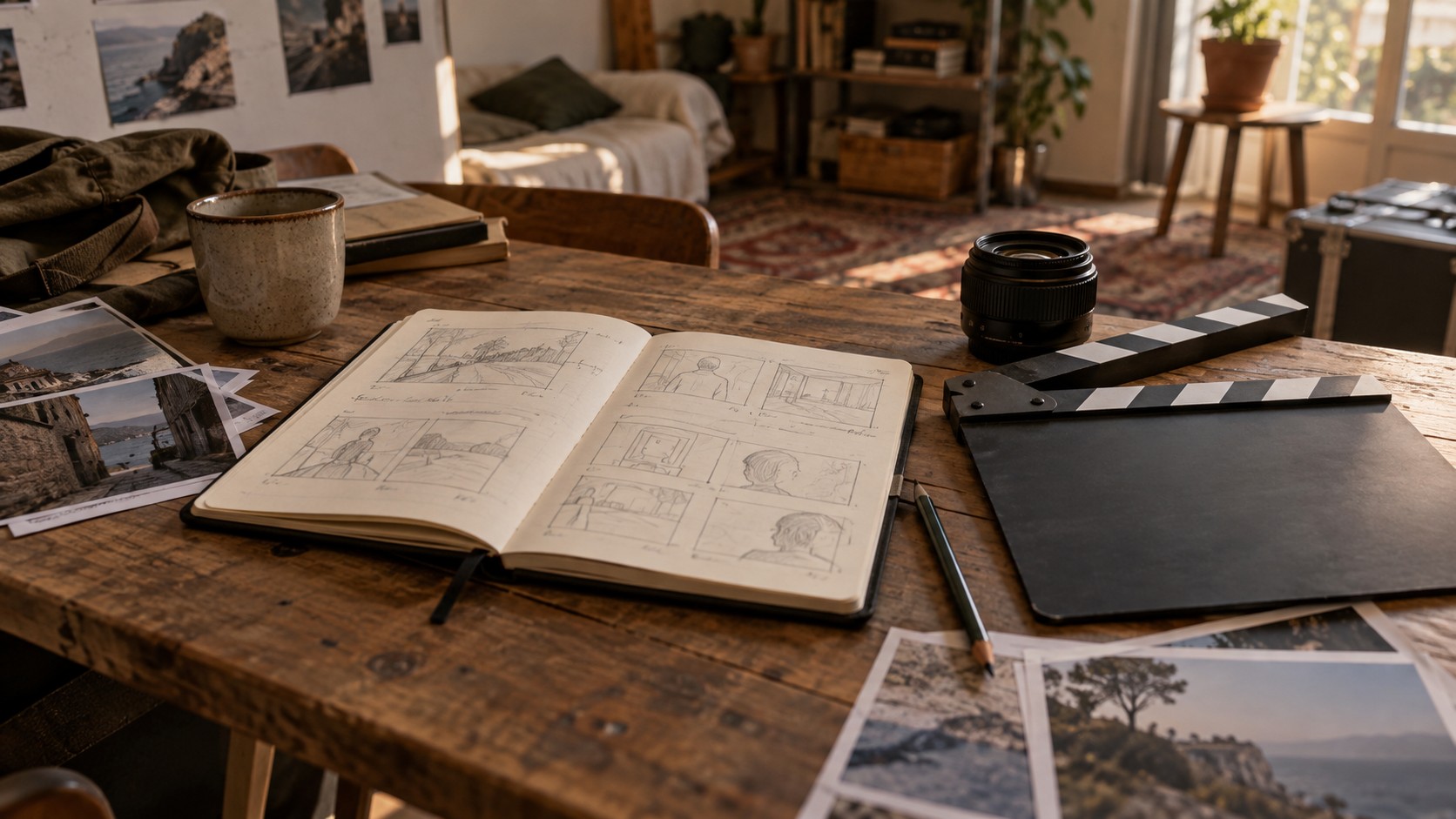 Filmvoorbereiding met storyboard en apparatuur